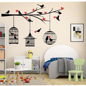 Birds & Cage Red Heart Wall Sticker